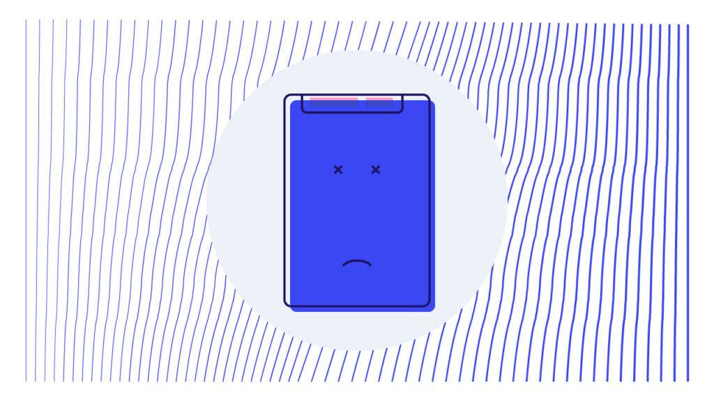 Illustration of a failing SSD with a sad face and low battery
